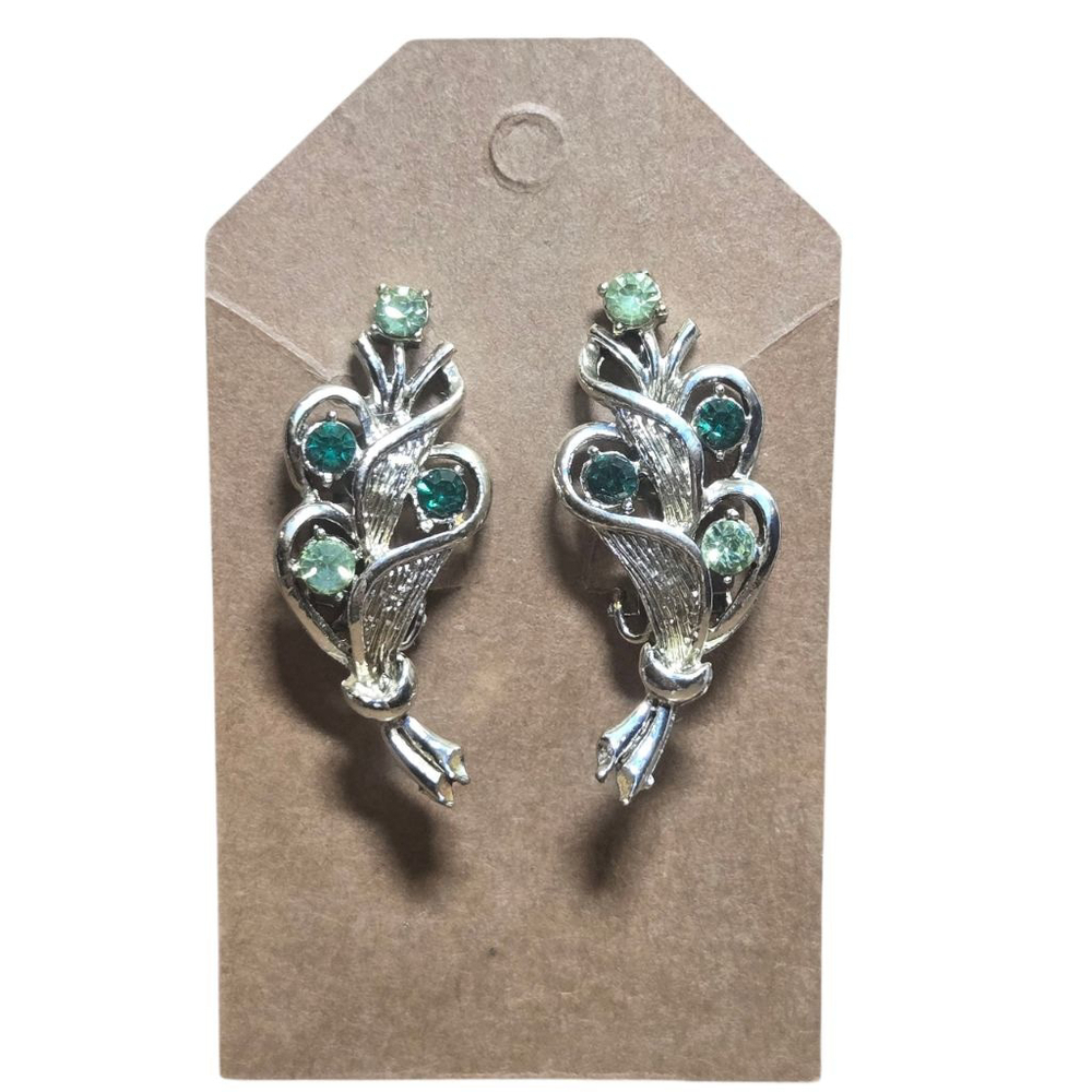 Vintage Rhinestone Clip-on Earrings Silvertone Green Floral Dressy Formal
